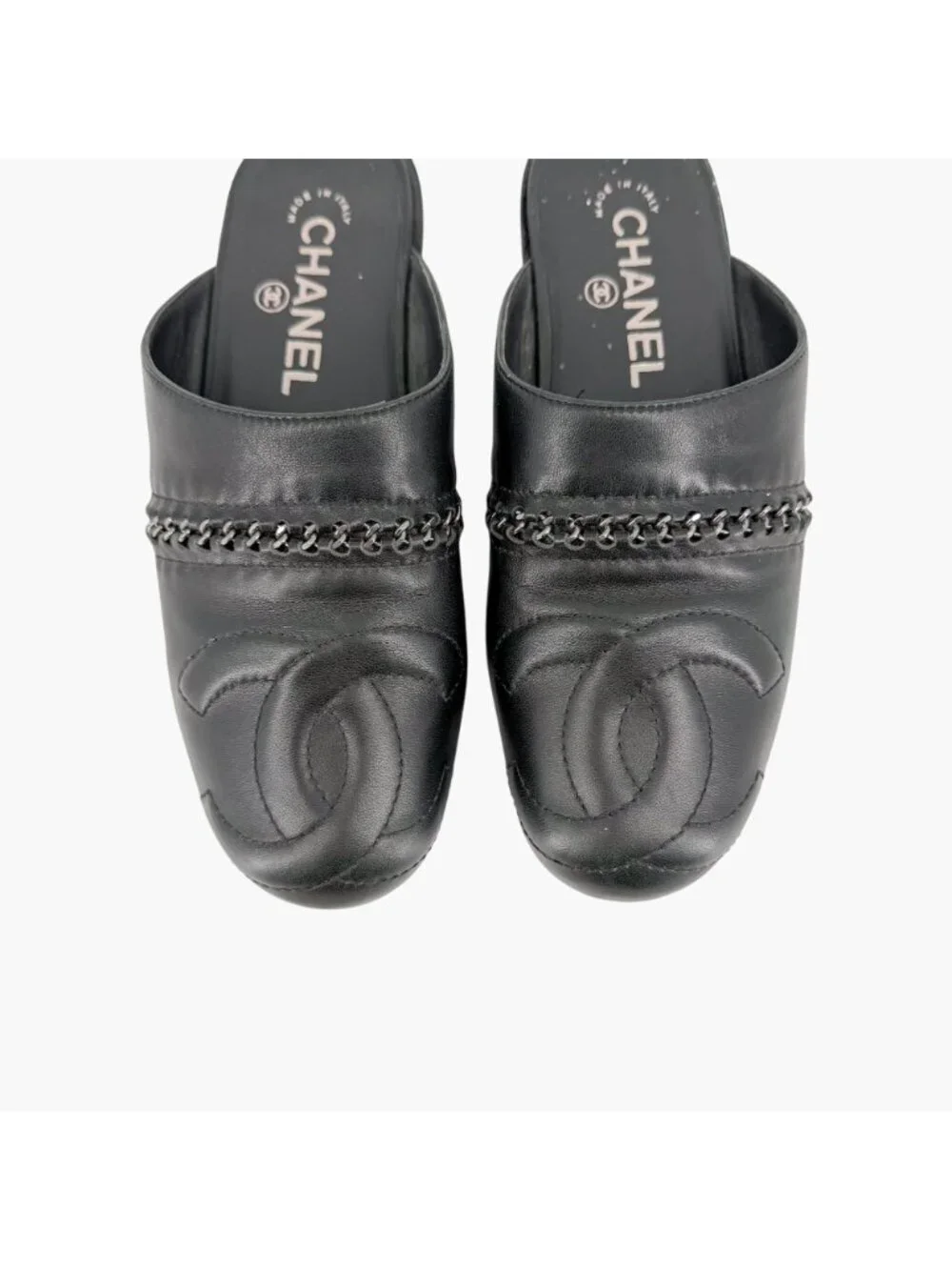 Chanel Black Leather CC Chain Mule Slip On Clogs Flats Size 36 US 5–5.5 Women's
